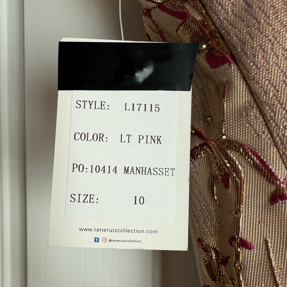 Rene Ruiz Lt. Pink/Rose Gold Embellished Strapless Fit and Flare Brocade Gown - Picture 5 of 7